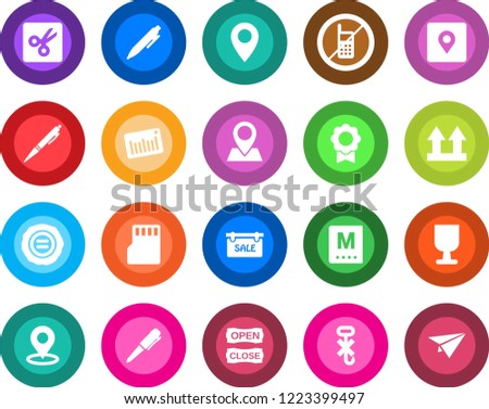 Round color solid flat icon set - no mobile vector, pen, stamp, pin, fragile, up side sign, hook, barcode, sd, cut, place tag, sertificate, sale, menu, open close, paper plane