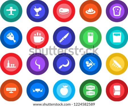 Round color solid flat icon set - coffee vector, sickle, alcohol, restaurant table, serviette, reserved, drink, cocktail, bread, cafe, open close, steak, ham, rolling pin, knife, sushi, apple fruit