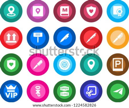 Round color solid flat icon set - parking vector, vip, pen, stamp, plant label, heart shield, pin, up side sign, no hook, cut, place tag, sertificate, menu, open close, paper plane