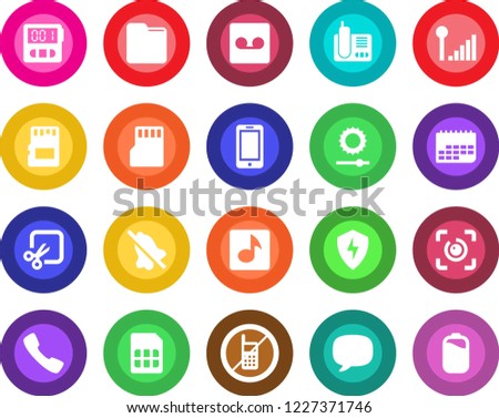 Round color solid flat icon set - no mobile vector, phone, term, radio, call, message, protect, stopwatch, record, sd, sim, folder, mute, brightness, cut, eye id, music, cellular signal, battery