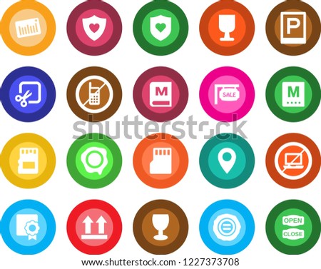 Round color solid flat icon set - parking vector, no mobile, laptop, stamp, heart shield, pin, fragile, up side sign, barcode, sd, cut, sertificate, sale, menu, open close