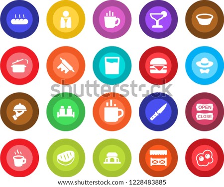 Round color solid flat icon set - hot cup vector, coffee, waiter, drink, cocktail, salt and pepper, bread, cafe building, dress code, open close, alcove, steak, hamburger, bowl, rolling pin, knife