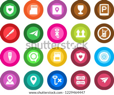 Round color solid flat icon set - parking vector, no mobile, stamp, plant label, heart shield, pin, fragile, up side sign, hook, sd, place tag, pen, open close, paper plane