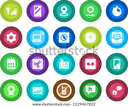 Round color solid flat icon set - no mobile vector, wireless notebook, phone, cell, radio, settings, clock, stopwatch, mail, record, sim, brightness, cut, place tag, compass, cellular signal