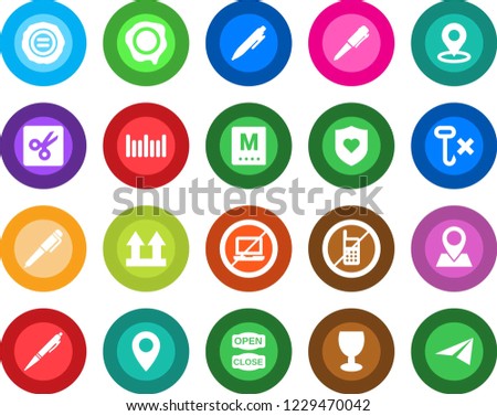 Round color solid flat icon set - no mobile vector, laptop, pen, stamp, heart shield, pin, fragile, up side sign, hook, barcode, cut, place tag, menu, open close, paper plane