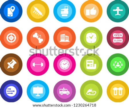 Round color solid flat icon set - ambulance car vector, barbell, broken bone, mobile tracking, finger up, paper pin, clock, network, presentation board, news, hr, target, copier, pond, open close