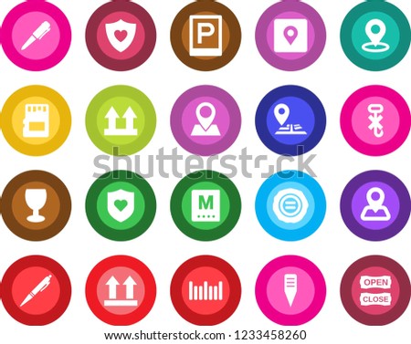 Round color solid flat icon set - parking vector, pen, stamp, plant label, heart shield, navigation, pin, fragile, up side sign, no hook, barcode, sd, place tag, menu, open close