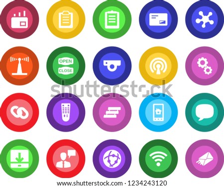 Round color solid flat icon set - speaking man vector, clipboard, antenna, remote control, share, chain, mail, message, network, download, wireless, paper tray, open close, web camera, home app