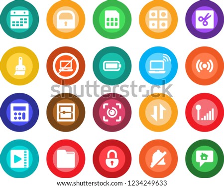 Round color solid flat icon set - no laptop vector, wireless notebook, themes, calculator, scanner, sim, folder, calendar, data exchange, mute, cut, lock, eye id, video, cellular signal, battery