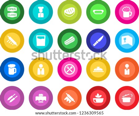 Round color solid flat icon set - waiter vector, cook, restaurant table, cafe, wine card, reception, drink, beer, salad, bacon, open close, steak, kebab, hot dog, rolling pin, knife, steaming pan