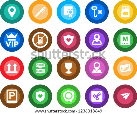 Round color solid flat icon set - parking vector, no mobile, vip, stamp, heart shield, navigation, pin, fragile, up side sign, hook, barcode, sd, cut, sertificate, pen, menu, open close, paper plane