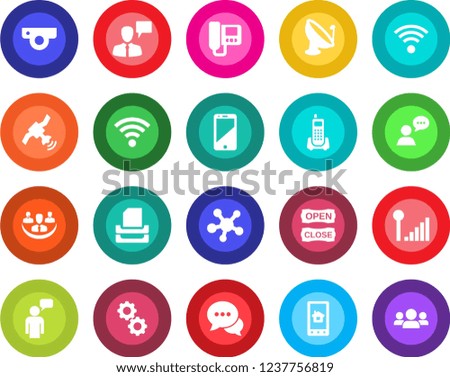 Round color solid flat icon set - speaking man vector, office phone, satellite antenna, cell, dialog, speaker, share, wireless, cellular signal, company, paper tray, open close, web camera, gear