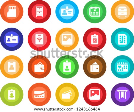 Round color solid flat icon set - identity vector, card, medical calendar, gallery, sd, sim, archive box, credit, pass, wallet, pennon