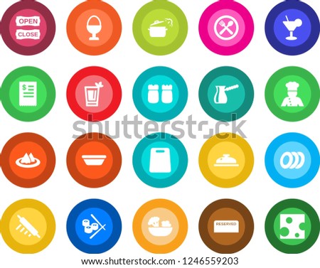 Round color solid flat icon set - cook vector, serviette, cafe, reserved, reception, cocktail, phyto bar, salad, plates, egg stand, salt and pepper, open close, restaurant receipt, bowl, rolling pin