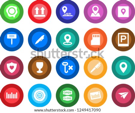 Round color solid flat icon set - parking vector, pen, stamp, plant label, heart shield, navigation, pin, fragile, up side sign, no hook, barcode, sd, place tag, open close, paper plane