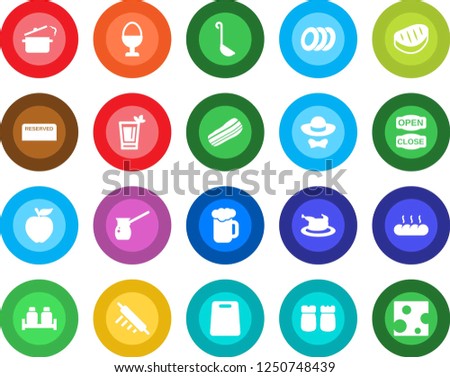 Round color solid flat icon set - reserved vector, phyto bar, beer, plates, bacon, egg stand, salt and pepper, bread, dress code, open close, chicken, steak, ladle, rolling pin, cutting board