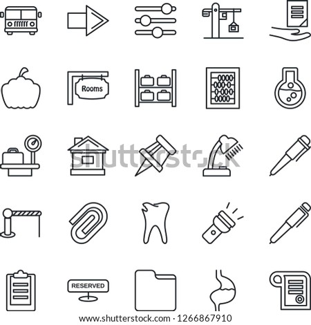 Thin Line Icon Set - airport bus vector, barrier, right arrow, luggage storage, scales, abacus, pen, document, house, pumpkin, stomach, caries, tuning, folder, torch, clipboard, drawing pin, rooms