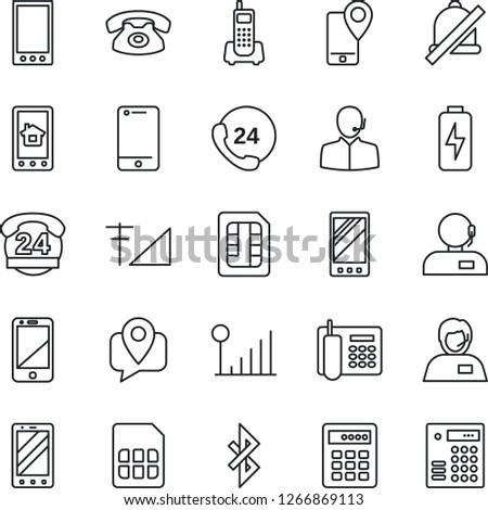 Thin Line Icon Set - mobile phone vector, office, 24 hours, support, tracking, cell, sim, mute, bluetooth, cellular signal, charge, home control app, combination lock