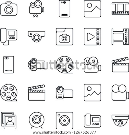 Thin Line Icon Set - clapboard vector, film frame, reel, camera, video, phone back, mobile, gallery, photo, web, intercome, surveillance