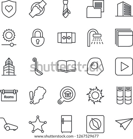 Thin Line Icon Set - automatic door vector, shower, office building, book, lawn mower, sun, heart shield, joint, folder document, play button, brightness, compass, lock, blank box, tie, rooms, ladle