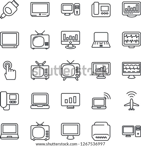 Thin Line Icon Set - plane radar vector, wireless notebook, pc, statistic monitor, pulse, tv, touch screen, laptop, hdmi, statistics, intercome