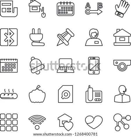 Thin Line Icon Set - notebook pc vector, glove, pumpkin, support, route, cell phone, radio, heart, paper pin, menu, bell, bluetooth, calendar, news, document search, house, sweet home, wireless