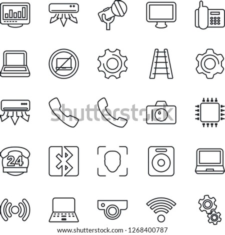 Thin Line Icon Set - no laptop vector, camera, notebook pc, ladder, office phone, 24 hours, microphone, monitor, speaker, call, settings, bluetooth, face id, statistics, air conditioner, wireless