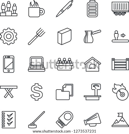 Thin Line Icon Set - escalator vector, gear, dollar sign, pedestal, meeting, farm fork, hoe, picnic table, truck trailer, container, folder document, heavy scales, flame disk, loudspeaker, battery