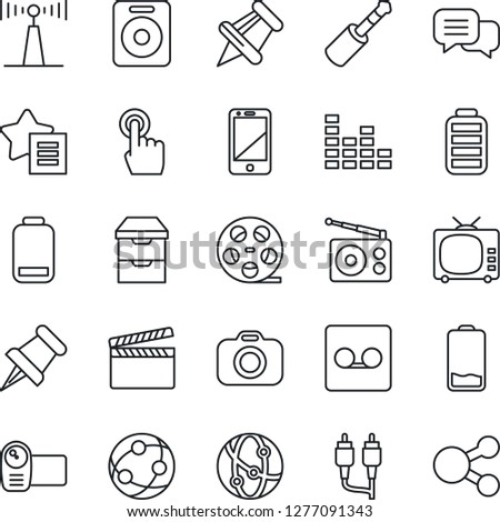Thin Line Icon Set - clapboard vector, reel, camera, radio, antenna, tv, equalizer, video, network, cell phone, touch screen, dialog, speaker, favorites list, paper pin, battery, low, rca, record