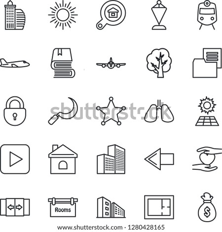 Thin Line Icon Set - automatic door vector, train, left arrow, sun, plane, lock, pennant, tree, house, sickle, heart hand, lungs, folder document, play button, office building, book, panel, plan