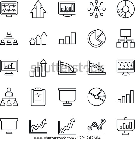 Thin Line Icon Set - growth statistic vector, hierarchy, presentation board, circle chart, monitor pulse, clipboard, statistics, bar graph, pie, point, arrow up, crisis
