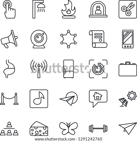 Thin Line Icon Set - antenna vector, fence, reception, case, contract, butterfly, fire, barbell, stomach, loudspeaker, touch screen, mobile, cut, eye id, music, hierarchy, fridge, cheese, web camera
