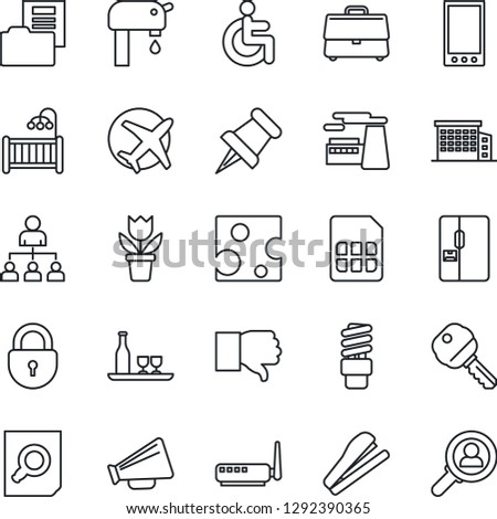 Thin Line Icon Set - lock vector, hierarchy, document search, factory, flower in pot, disabled, plane, loudspeaker, finger down, paper pin, mobile, sim, case, folder, stapler, water supply, key