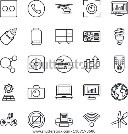 Thin Line Icon Set - phone vector, no laptop, camera, helicopter, earth, consolidated cargo, gamepad, remote control, pc, share, low battery, rec button, rca, record, network, data exchange, printer
