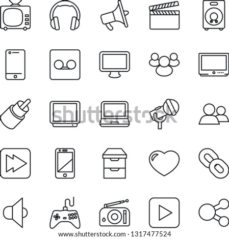 Thin Line Icon Set - clapboard vector, microphone, radio, speaker, loudspeaker, tv, gamepad, cell phone, headphones, monitor, laptop pc, chain, group, heart, play button, fast forward, rca, record