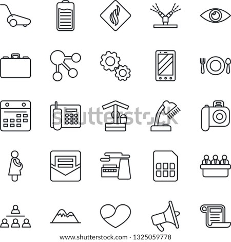 Thin Line Icon Set - mobile phone vector, case, meeting, factory, lawn mower, well, eye, pregnancy, camera, loudspeaker, heart, battery, mail, sim, calendar, office, desk lamp, hierarchy, mountains