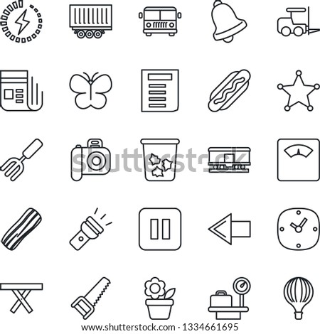 Thin Line Icon Set - airport bus vector, trash bin, left arrow, fork loader, luggage scales, document, flower in pot, garden, saw, butterfly, picnic table, truck trailer, railroad, camera, news