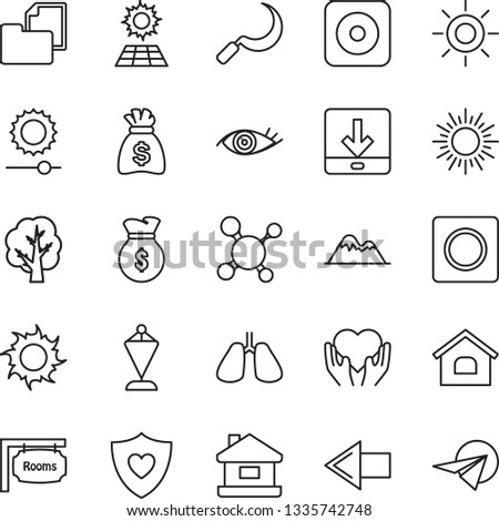 Thin Line Icon Set - left arrow vector, sun, pennant, money bag, tree, sickle, molecule, heart shield, hand, lungs, eye, folder document, rec button, record, download, brightness, house, panel