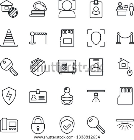 Thin Line Icon Set - fence vector, barrier, passport control, identity, border cone, safe, lock, hose, shield, protect, sd, face id, card, stamp, key, estate insurance, home, intercome, pass