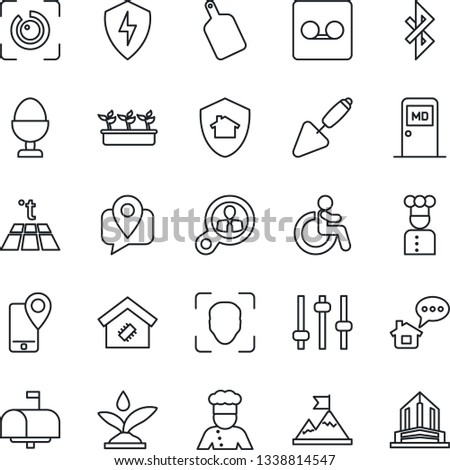 Thin Line Icon Set - disabled vector, medical room, trowel, seedling, mobile tracking, protect, tuning, record, bluetooth, face id, eye, smart home, mailbox, cook, egg stand, cutting board, message