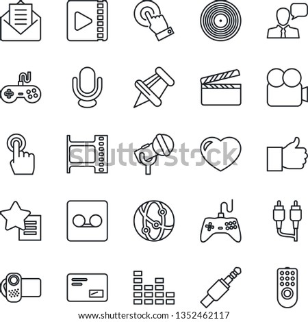 Thin Line Icon Set - clapboard vector, film frame, vinyl, microphone, gamepad, equalizer, video camera, network, touch screen, speaker, finger up, favorites list, heart, paper pin, mail, rca, record
