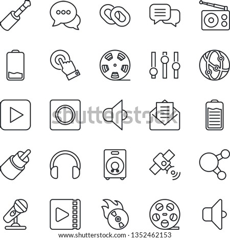 Thin Line Icon Set - reel vector, flame disk, microphone, radio, satellite, speaker, settings, network, touch screen, dialog, headphones, share, chain, battery, low, mail, play button, rca, record
