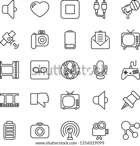 Thin Line Icon Set - film frame vector, camera, microphone, antenna, satellite, speaker, tv, gamepad, video, network, finger down, heart, paper pin, battery, low, mail, stop button, rca, record