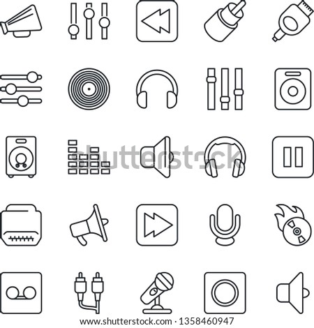 Thin Line Icon Set - vinyl vector, flame disk, microphone, loudspeaker, settings, equalizer, headphones, speaker, pause button, fast forward, rewind, rca, hdmi, tuning, record, sound