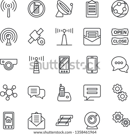Thin Line Icon Set - antenna vector, satellite, no mobile, phone, network, dialog, radio, share, mail, message, clipboard, paper tray, open close, web camera, home control app, gear
