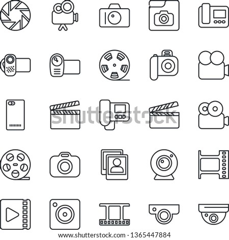 Thin Line Icon Set - camera vector, clapboard, film frame, reel, video, phone back, mobile, photo gallery, web, intercome, surveillance