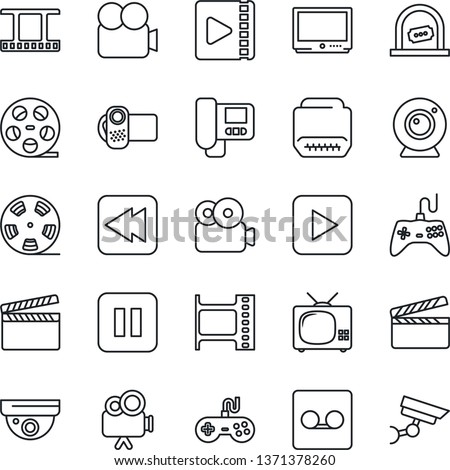 Thin Line Icon Set - ticket office vector, clapboard, film frame, reel, gamepad, tv, video camera, play button, pause, rewind, hdmi, record, web, intercome, surveillance