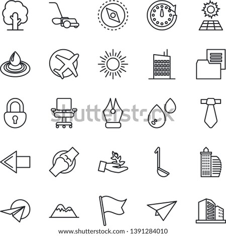 Thin Line Icon Set - left arrow vector, sun, tree, lawn mower, joint, plane, folder document, compass, lock, ink pen, office chair, panel, mountains, building, city house, ladle, water, palm sproute