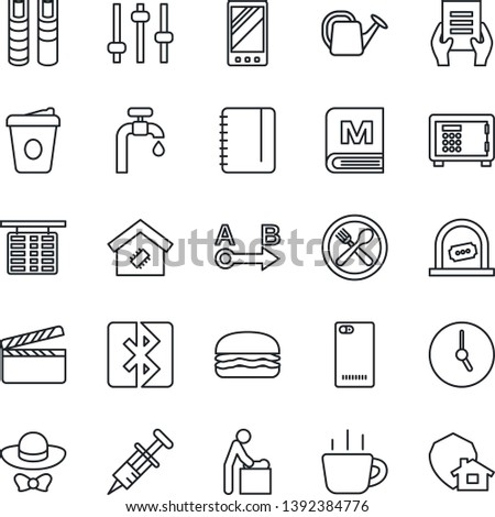 Thin Line Icon Set - baby room vector, ticket office, safe, flight table, notepad, coffee, document, watering can, syringe, route, clapboard, mobile, phone back, tuning, clock, bluetooth, book, cafe