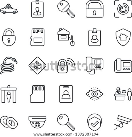 Thin Line Icon Set - passport control vector, security gate, alarm car, lock, identity card, hose, shield, flammable, chain, sd, eye id, key, home, wireless, intercome, protect, pass, surveillance